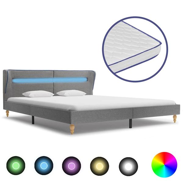 vidaXL Posteľ s LED a matracom z pamäťovej peny svetlosivá 180x200cm látková