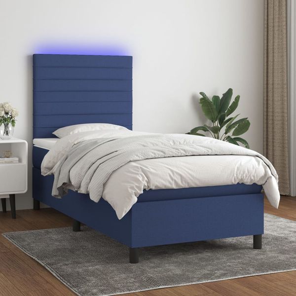 vidaXL Posteľ boxsping s matracom a LED modrá 90x190 cm látka