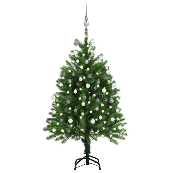 vidaXL Osvetlený umelý vianočný stromček s guľami 120 cm, zelený