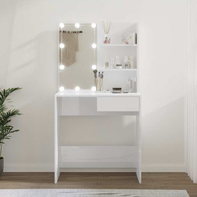 vidaXL Toaletný stolík s LED lesklý biely 74,5x40x141 cm