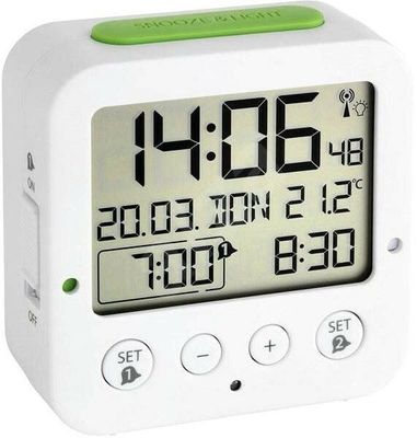 60.2528.02 TFA BINGO  Digitálny rádiom riadený budík, 2 časy budenia, vnútorná teplota, biely