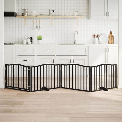 vidaXL Skladacia bránka pre psa s dvierkami, 4 panely, čierna, 320 cm, topoľové drevo