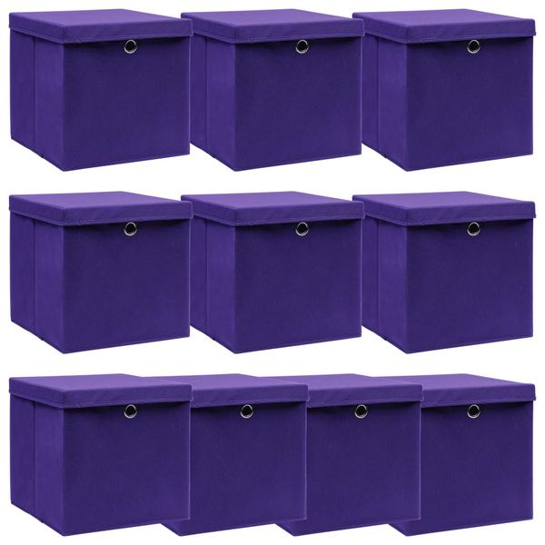 vidaXL Úložné boxy s vekom 10 ks, fialové 32x32x32 cm, látka