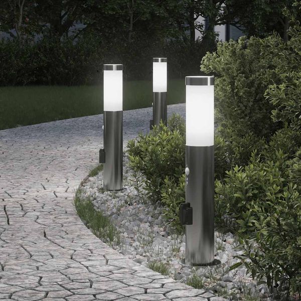 vidaXL Stĺpikové svetlá so senzorom a zásuvkou 3 ks 50 cm nehrdzavejúca oceľ IP44