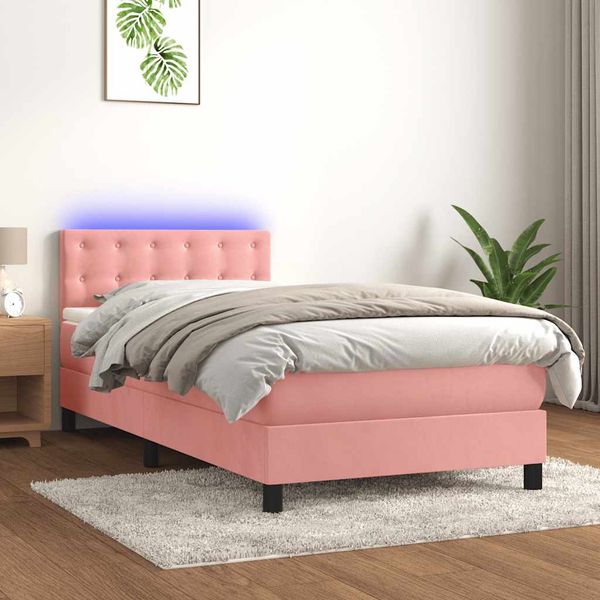vidaXL Posteľný rám boxsping s matracom a LED ružový 80x200 cm zamat