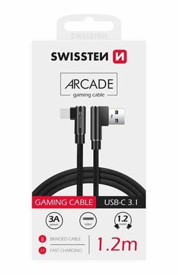 SWISSTEN TEXTILNÝ DÁTOVÝ KÁBEL ARCADE USB / USB-C 1,2 M ČIERNY Kábel, nabíjací a synchronizačný, USB na USB-C, USB 2.0, 3A, oplettený, uhlový tvar konektora, 1,2m, čierny