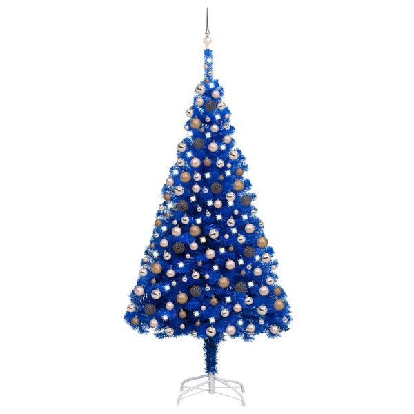 vidaXL Osvetlený umelý vianočný stromček s guľami, modrý 240 cm, PVC