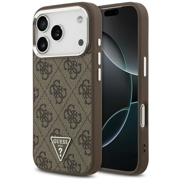 Puzdro Guess Case Magsafe 4G PU Leather s trojuholníkovým logom a strieborným kovovým rámom fotoaparátu pre iPhone 17 Pro Hnedá