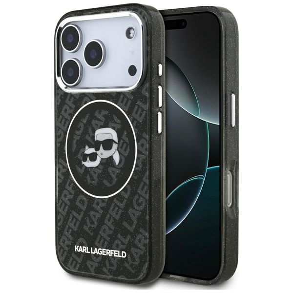 Puzdro Karl Lagerfeld Magsafe IML glitter case s kovovým rámom fotoaparátu a tlačidlami, hlavy Karla a Choupette na opakovanom logu KL pre iPhone 17 Pro čierne