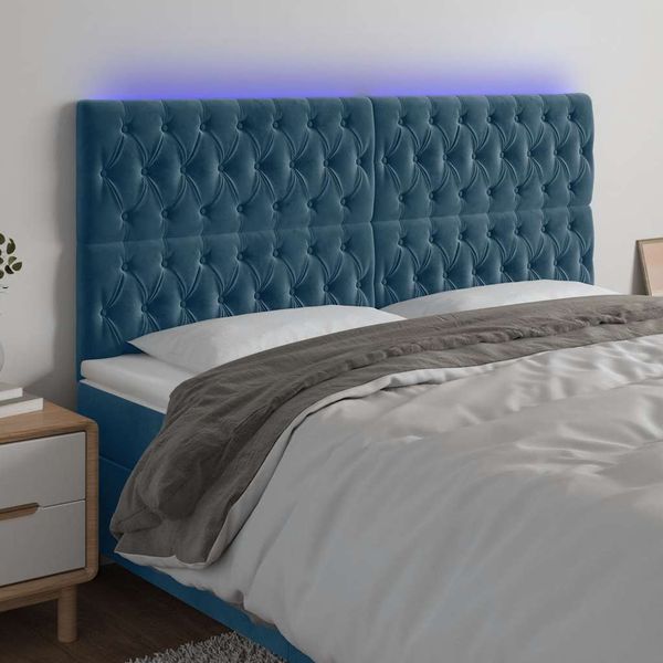 vidaXL Čelo postele s LED tmavomodré 200x7x118/128 cm zamat