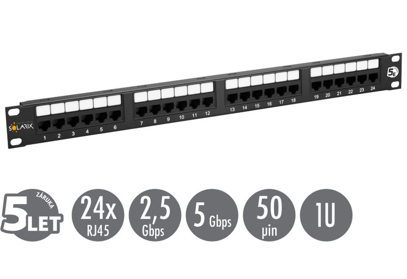 19'' patch panel Solarix 24 x RJ45 CAT5E UTP 150 MHz čierny 1U SX24-5E-UTP-BK