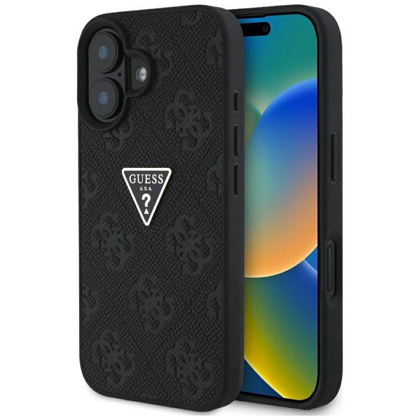 Guess Hardcase PU Grained Hot Stamp 4G Triangle Metal Puzdro pre iPhone 16 6,1" Čierna