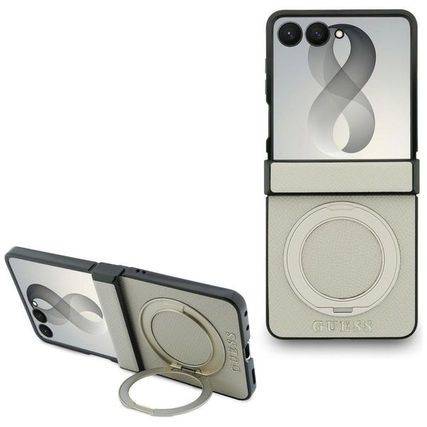 Guess  HC Magnetic Ring Stand Grained PU Classic Logo puzdro pre Samsung Galaxy Z Flip 8 béžová