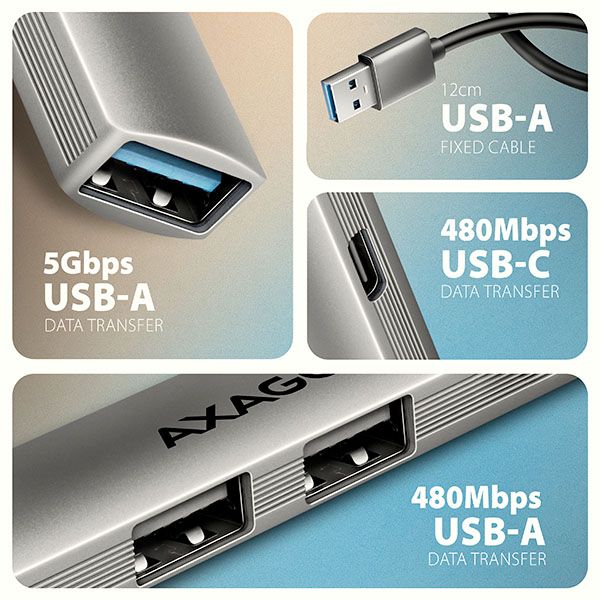 AXAGON HUE-STA, 4x USB ALU STRIP hub, 1x USB-A 5Gbps, 2x USB-A & 1x USB-C 480Mbps, kabel USB-A 12cm USB hub, 4 porty, USB-A 5Gbps, 2× USB-A 480Mbps, USB-C 480Mbps, hliníkový, 12 cm kabel, šedý