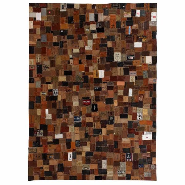 vidaXL Koberec z kožených vysačiek na džínsoch, patchwork, 120x170 cm hnedý