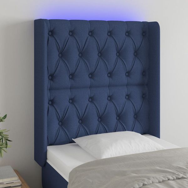 vidaXL Čelo postele s LED modré 83x16x118/128 cm látka