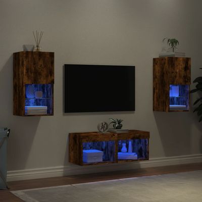 vidaXL 4-dielne TV nástenné skrinky s LED svetlami dymový dub