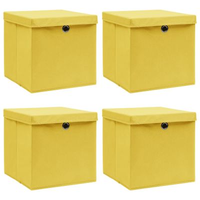vidaXL Úložné boxy s vekom 4 ks, žlté 32x32x32 cm, látka