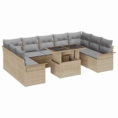 vidaXL Súprava záhradných pohoviek s vankúšom 10 pcs Béžová Poly Ratan