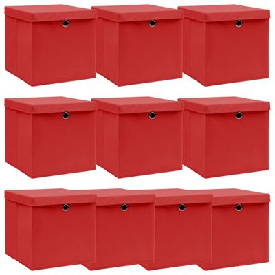 vidaXL Úložné boxy s vekom 10 ks, červené 32x32x32 cm, látka