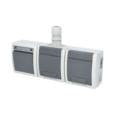 ATLAS IP65 Prepínač č.6+zásuvka 2x 2P+P, 2-násobná vodorovne s vývodkou M20, na povrch, šedá