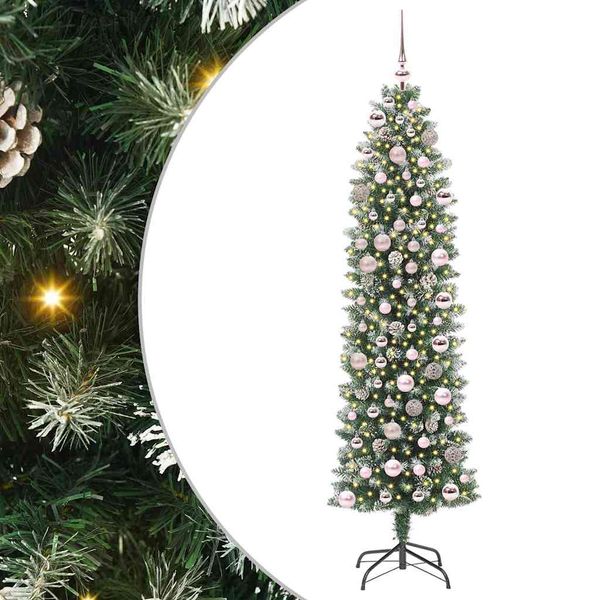 vidaXL Umelý chudý vianočný strom s 300 LED-i Zelená a biela 180 cm