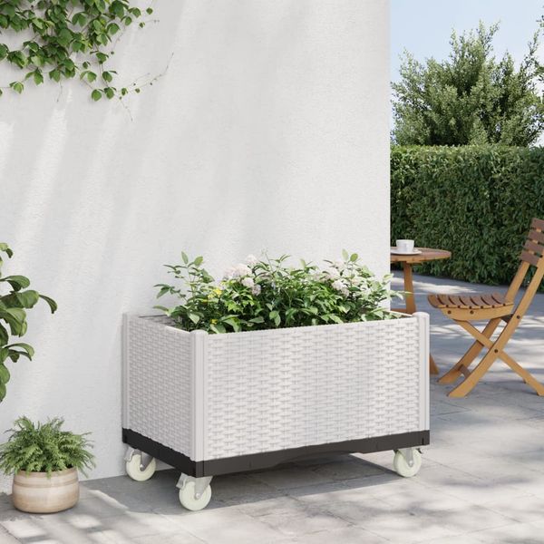 vidaXL Záhradný kvetináč s kolieskami biely 80x50x54 cm PP