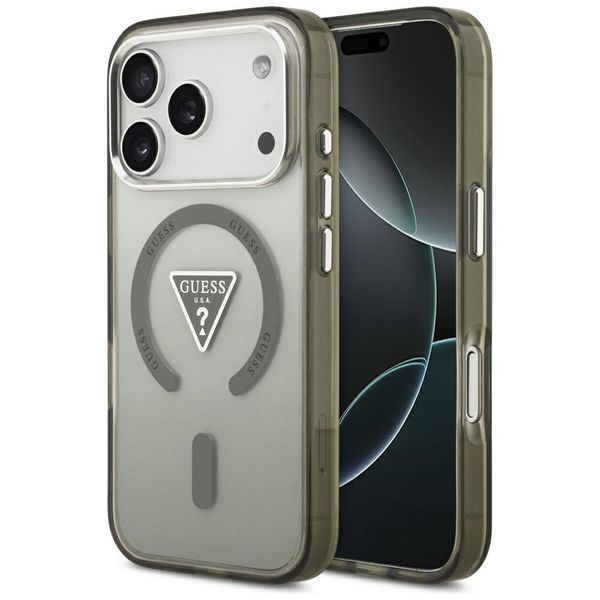 Guess Case Magsafe IML gradientné puzdro s potlačou trojuholníkového loga a striebornými kovovými tlačidlami fotoaparátu pre iPhone 17 Pro Max Khaki