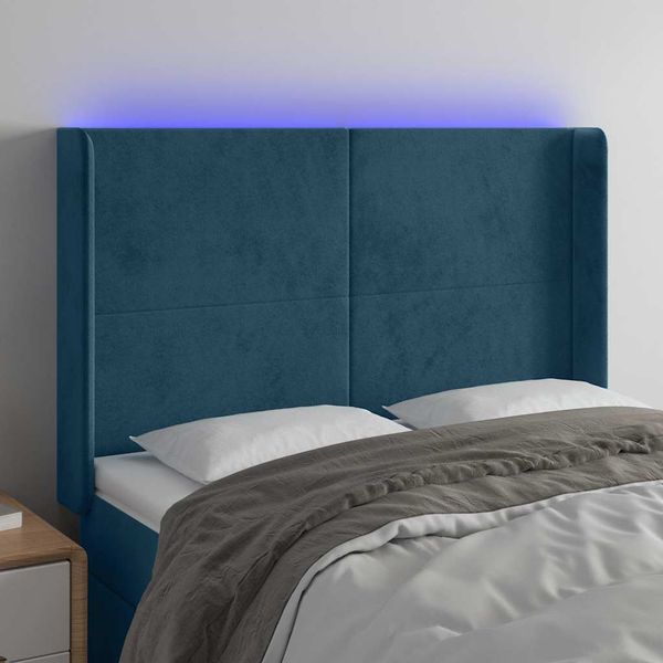 vidaXL Čelo postele s LED tmavomodré 147x16x118/128 cm zamat