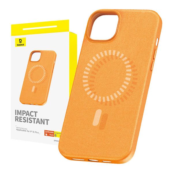 Magnetické puzdro na telefón pre iPhone 15 Plus Baseus Fauxther Series (oranžové)