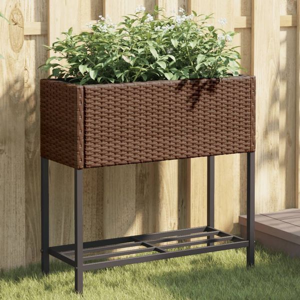 vidaXL Záhradné kvetináče s policou 2ks hnedé 70x28x70 cm polyratan