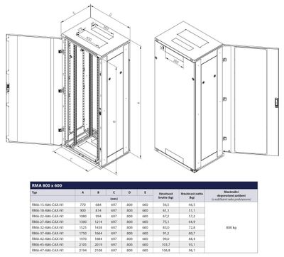 Triton 19' rozvaděč stojanový 18U/800x600 RAL7035, šedá Rozvadec, stojanový, 19", 18U, 800×600, sklenené dvere, IP20, RAL7035, šedý