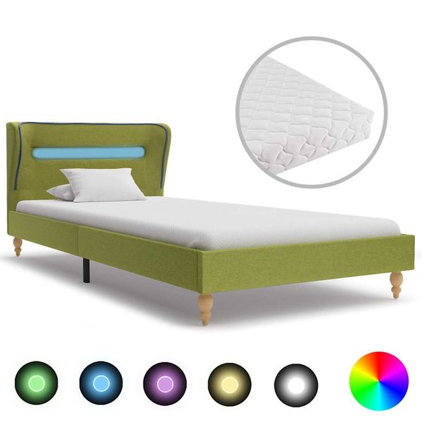 vidaXL Posteľ s LED a matracom, zelená, látka 90x200 cm