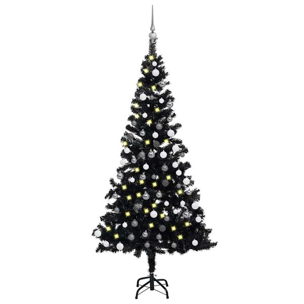 vidaXL Osvetlený umelý vianočný stromček s guľami, čierny 120 cm, PVC