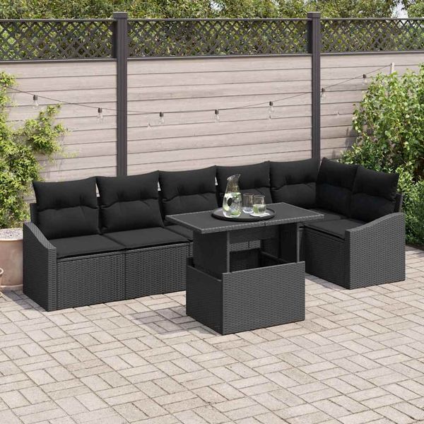 vidaXL Súprava záhradných pohoviek s vankúšom s úložiskom 7 pcs Čierna