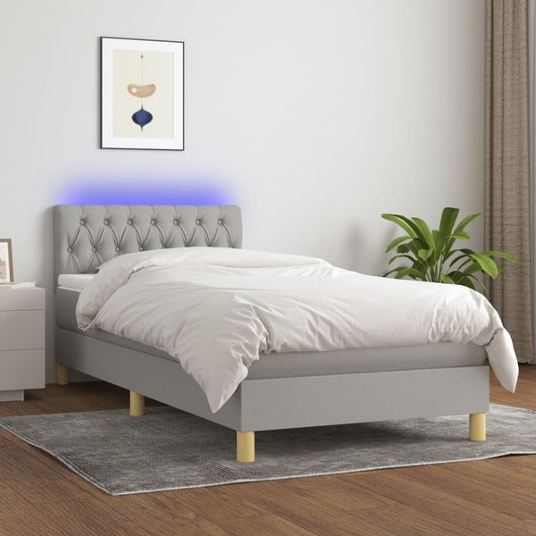 vidaXL Posteľ boxsping s matracom a LED bledosivá 90x190 cm látka