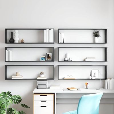 vidaXL Nástenné police 6 ks, lesklé sivé 100x15x30cm, kompozitné drevo