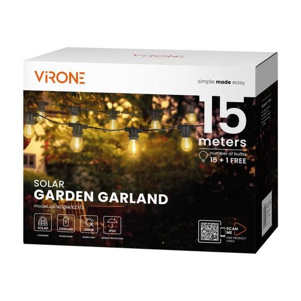 Solárna girlanda VIRONE LG-4/15M/E27/15m, IP44, 15x LED E27, 0,1 W, 3000K Solární girlanda VIRONE LG-4/15M/E27/15m, IP44, 15x LED E27, 0,1W, 3000K