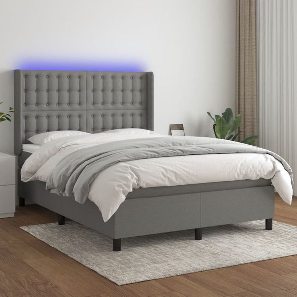 vidaXL Posteľ boxsping s matracom a LED tmavosivá 140x200 cm látka