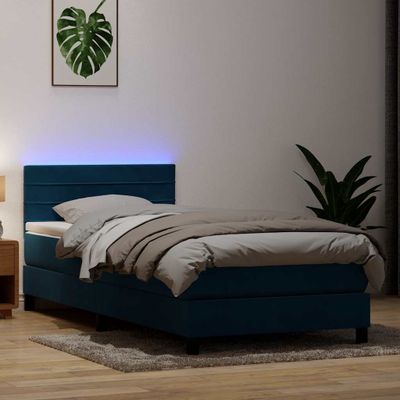 vidaXL Posteľný rám boxsping s matracom a LED tmavomodrý 80x220 cm zamat