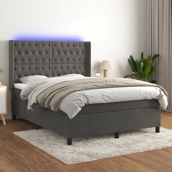 vidaXL Posteľ boxsping s matracom a LED tmavosivá 140x190 cm zamat
