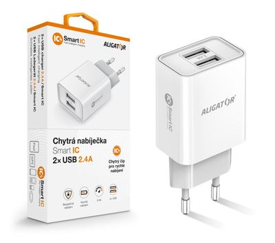 Múdra sieťová nabíjačka ALIGATOR 2,4A, 2xUSB, smart IC, biela