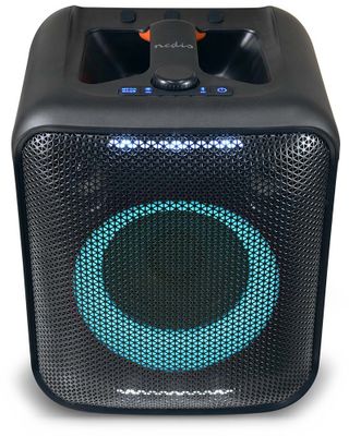 NEDIS párty reproduktor/ výkon 150 W/ Bluetooth/ doba prehrávania na batérie 5 hod/ držadlo/ párty osvetlenie/ ekvalizér Reproduktor, bezdrôtový, 150W, na kolieskach, Bluetooth, USB, LED podsvietenie, ekvalizér, výdrž až 5 hodín, čierno-oranžový
