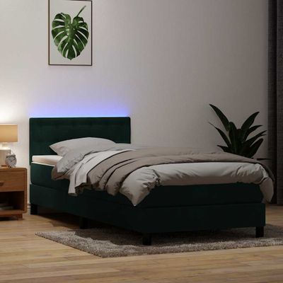 vidaXL Posteľný rám boxsping s matracom a LED tmavozelený 90x210 cm zamat