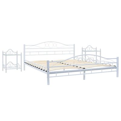 vidaXL Rám postele s 2 nočnými stolíkmi biely kovový 180x200 cm