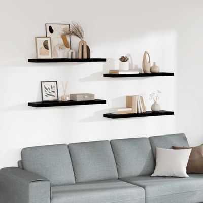 vidaXL Plávajúce nástenné police 4ks, lesklé čierne 90x23,5x3,8cm, MDF