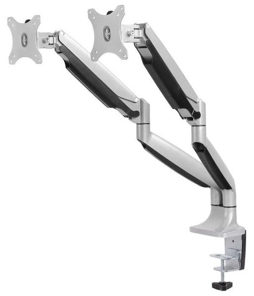 Neomounts Select  NM-D750DSILVER / Flat Screen Desk mount (10-32") desk clamp/grommet / Silver Držák, VESA, stolní, pro 2 ploché monitory, úhloprícka 10"-32", náklon 180°, otácení 180°, rotace 180°, nosnost 18kg, stríbrný