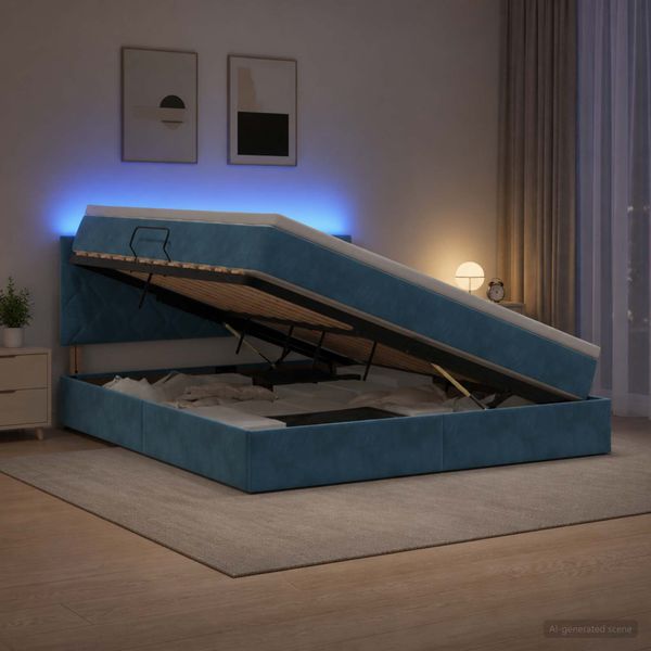 vidaXL LED úložná posteľ s matracom Tmavomodrá 180 x 200 cm Zamat