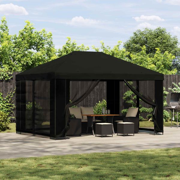 vidaXL Altánok so stenami 4 × 3 m Čierna Polyester a oceľ 190 gsm