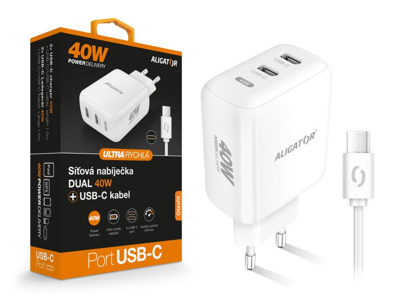 Múdra sieťová nabíjačka ALIGATOR Power Delivery 40W, 2xUSB-C, USB-C/USB-C kábel, biela